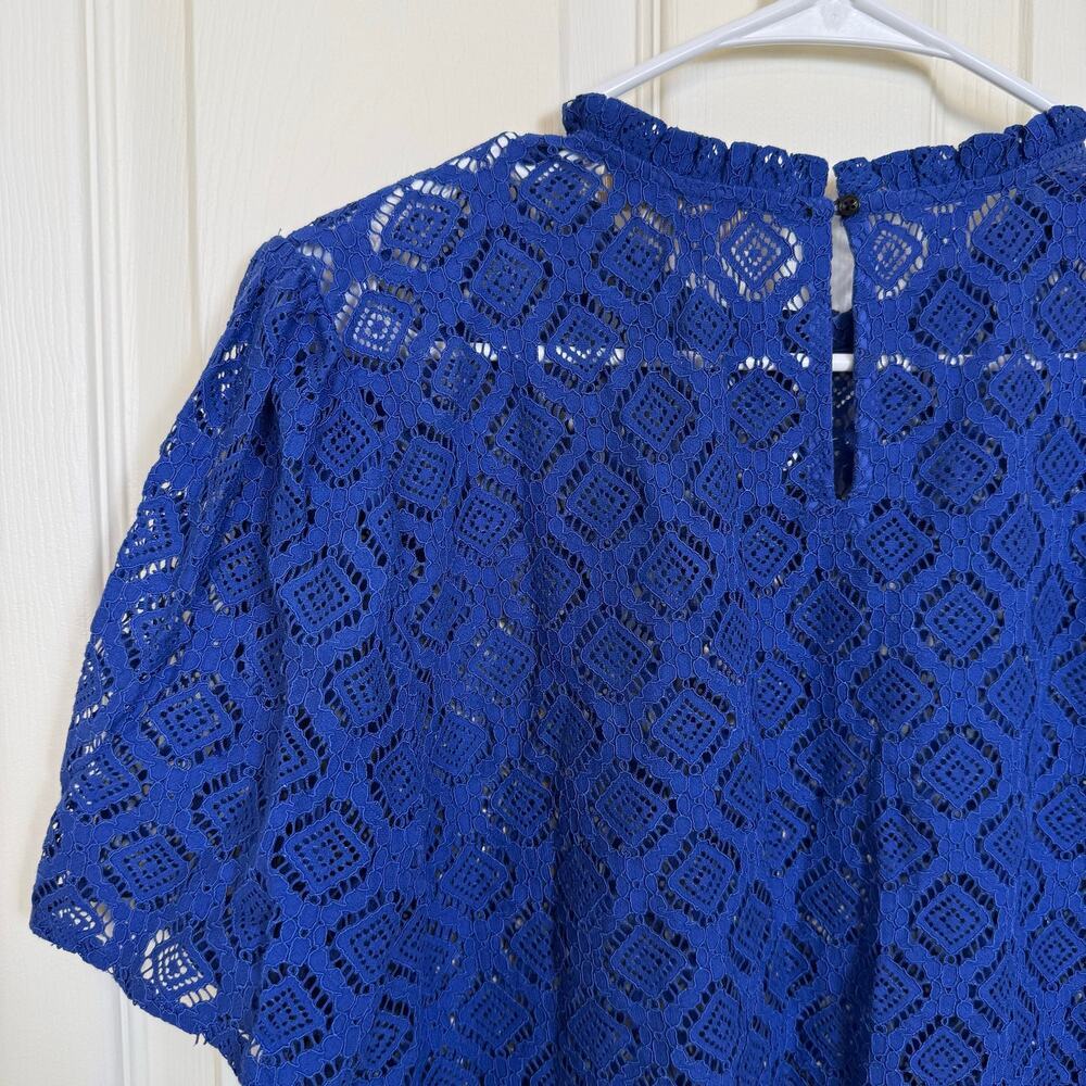 LOFT Blue Lace Short Sleeve Top Sheer Ruffle Collar Large - Picture 3 of 6